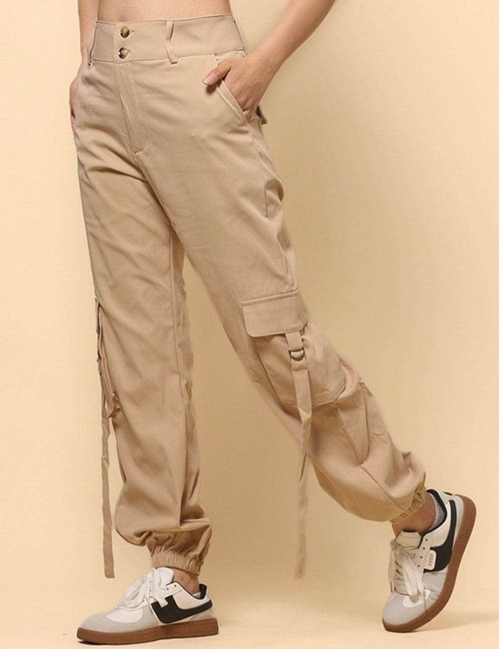 Ladies Solid Color Pockets High Wait Pants SKP4749