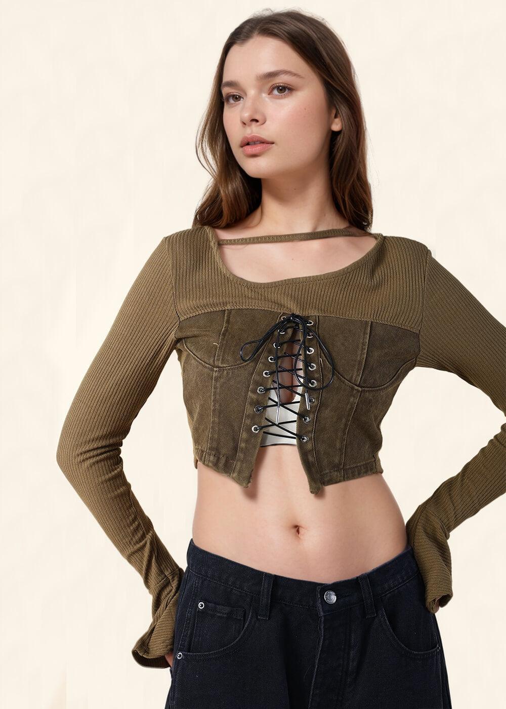 Ladies Tie Up Hollow Out Crop Top SKT0733