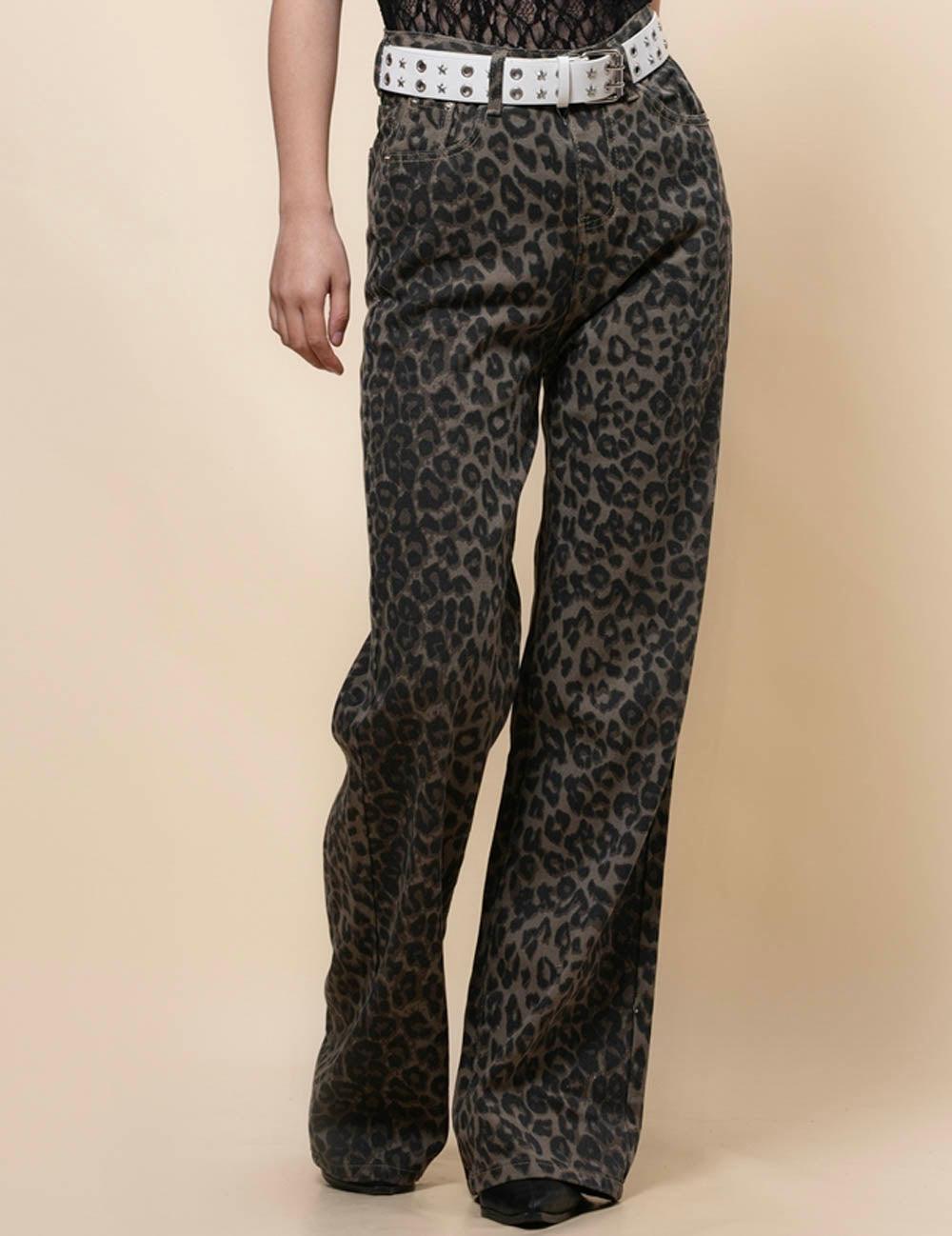 Ladies Leopard Botton Jeans Straight Leg Denim Pants SKP4986