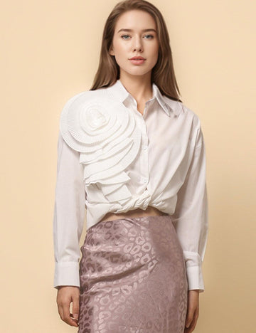 Ladies 3D Pleated Flower Long Sleeve Shirt SKT4757