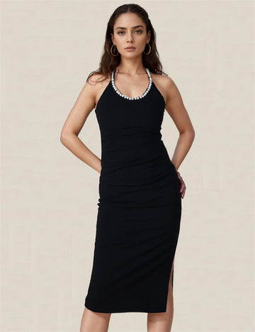 Ladies Halter Neck Sleeveless Pearl Midi Dress SKD0766