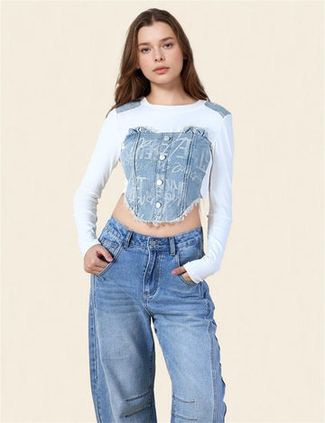 Ladies Denim Patchwork Crew Neck Tee SKT0731