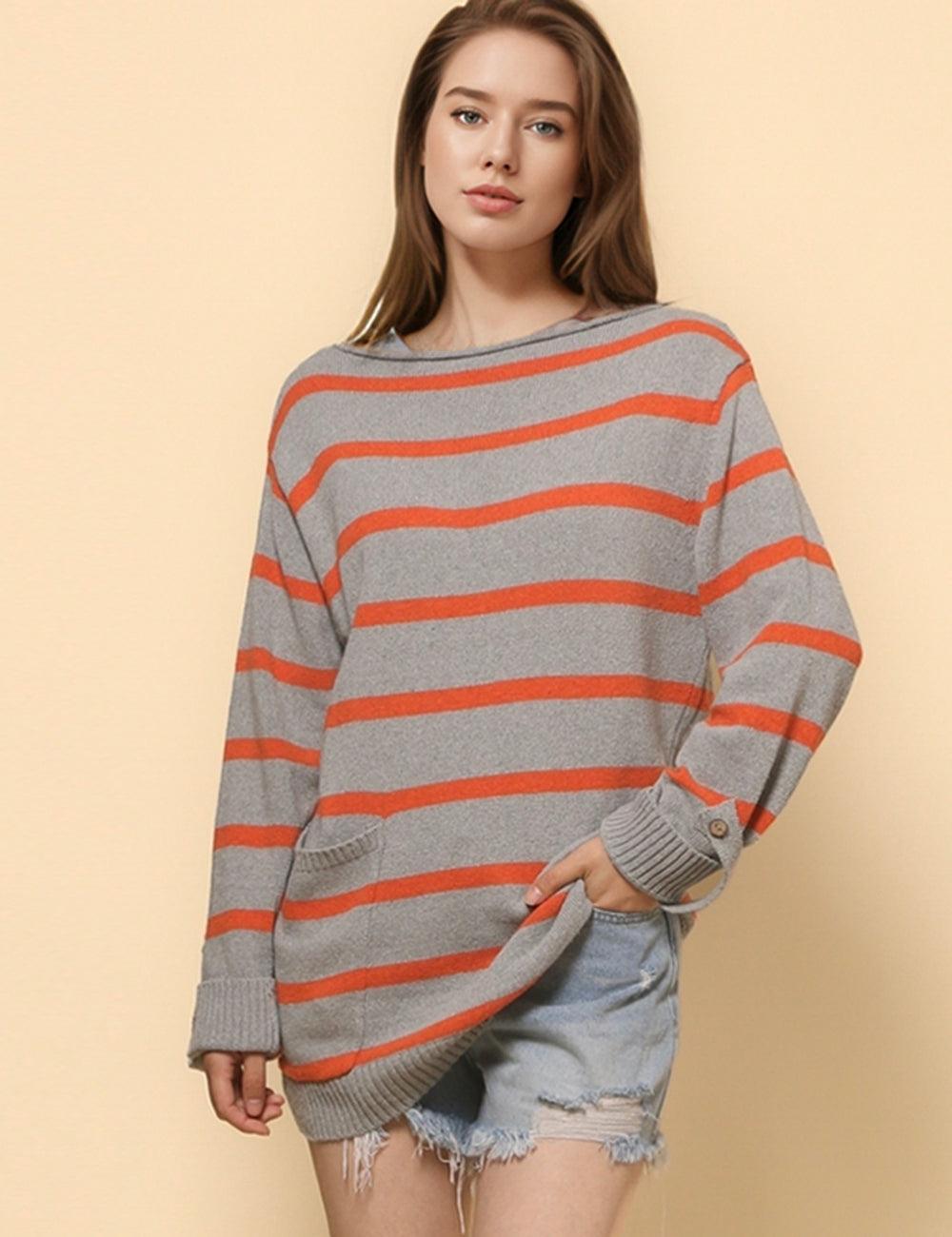 Ladies Stripe Color Block Pullover Pocket Sweater SKT4746