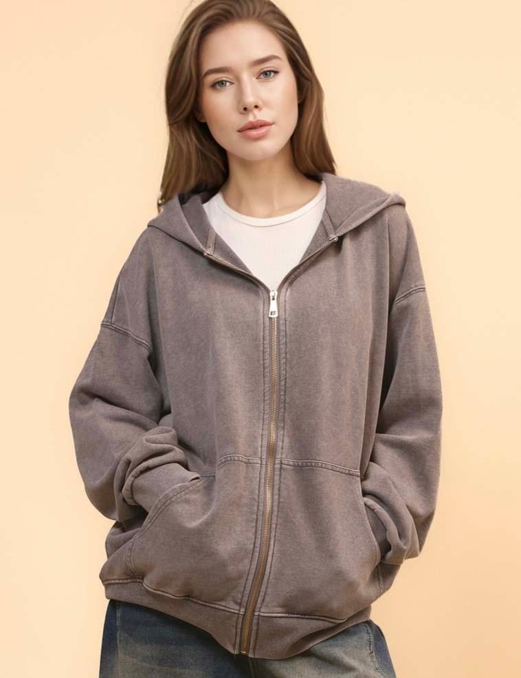 Ladies Slouchy Washed Zip Hooded Sweatshirt SKT4700