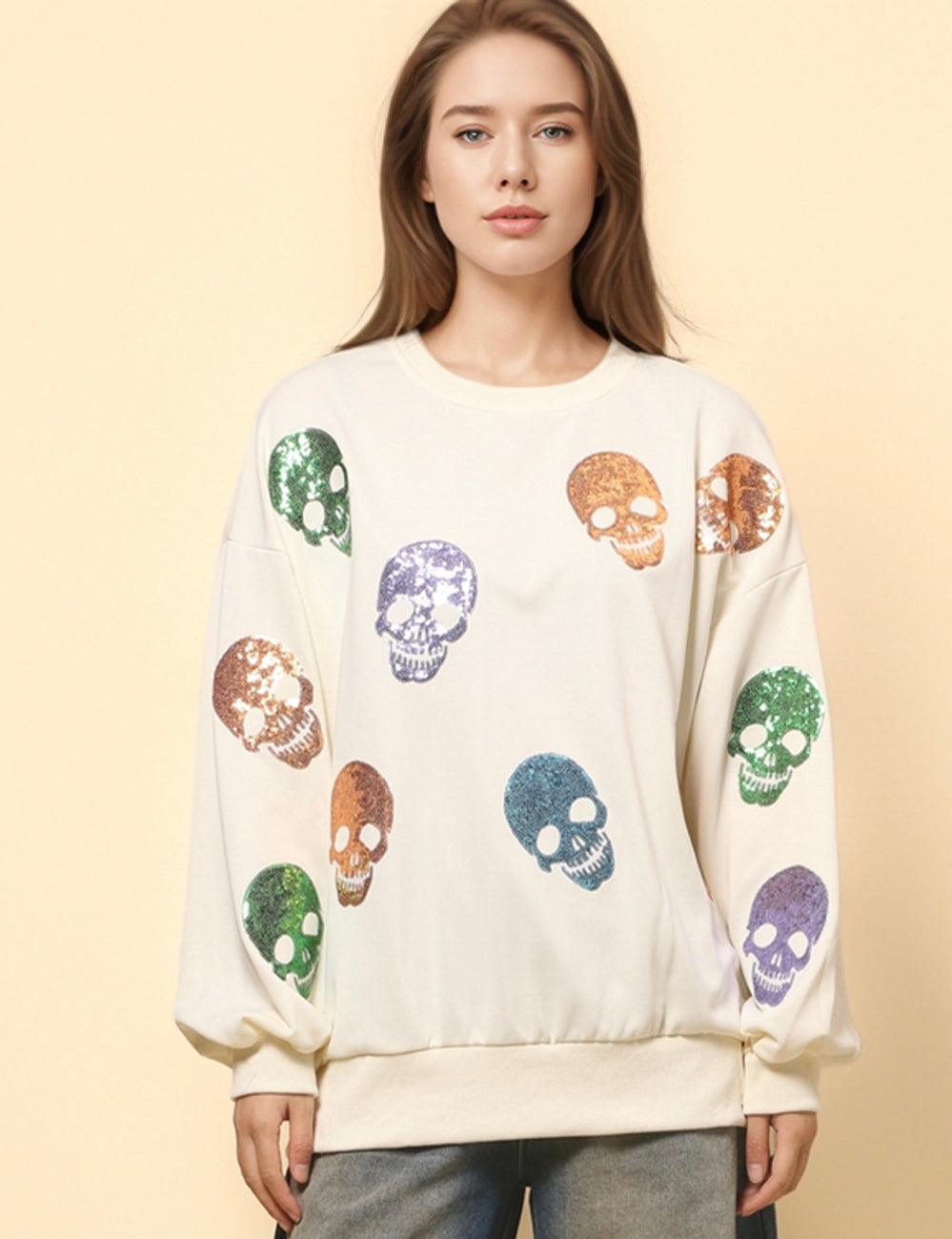 Ladies Halloween Sequin Skull Holiday Pullover Sweatshirt SKT4725