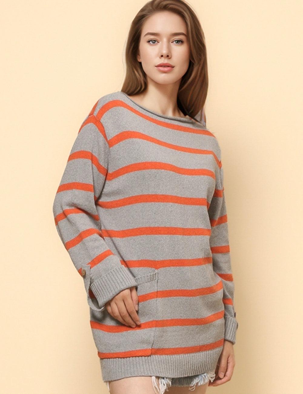 Ladies Stripe Color Block Pullover Pocket Sweater SKT4746