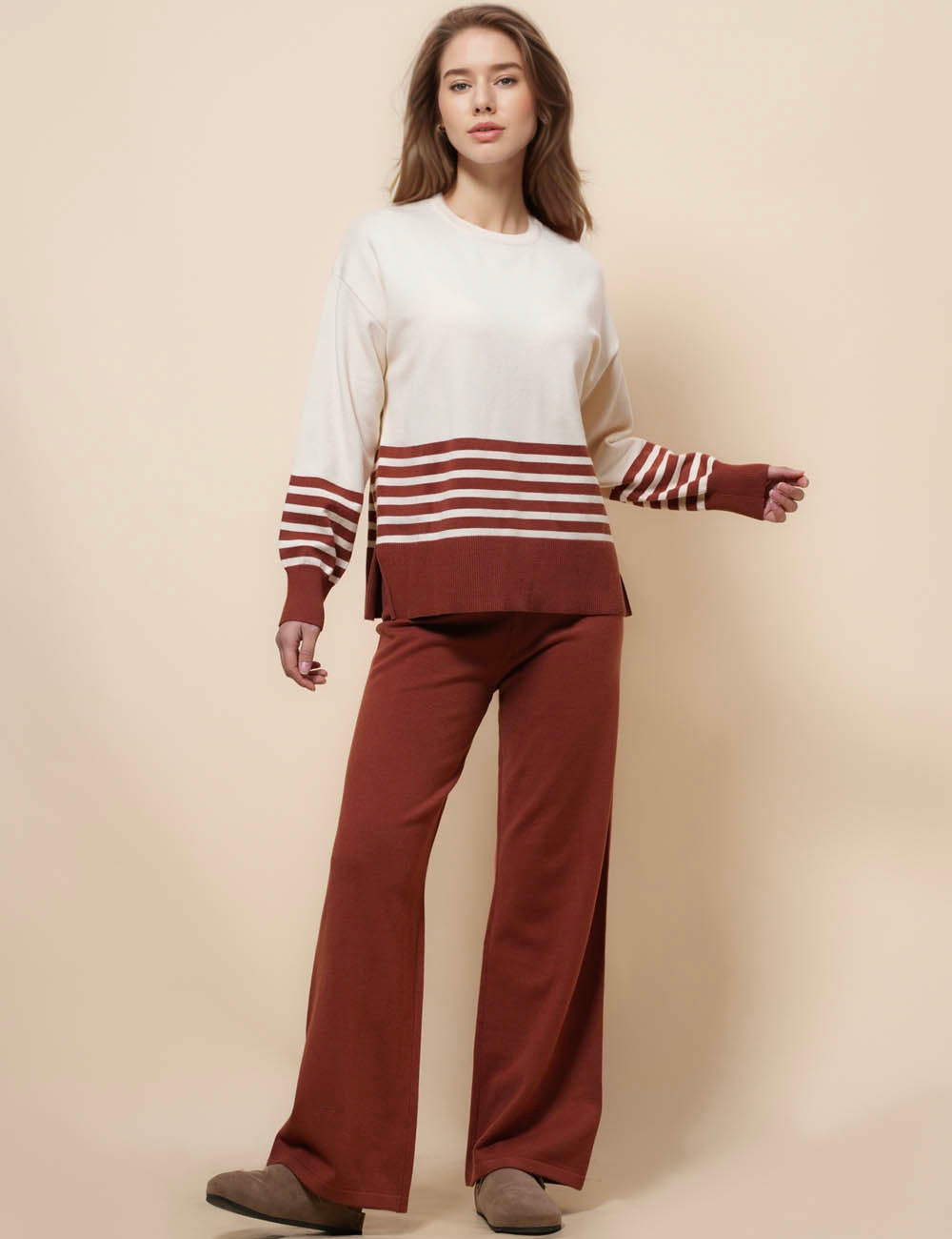 Ladies Stripe Color Block Sweater Pants 2PCS Set SKST41247