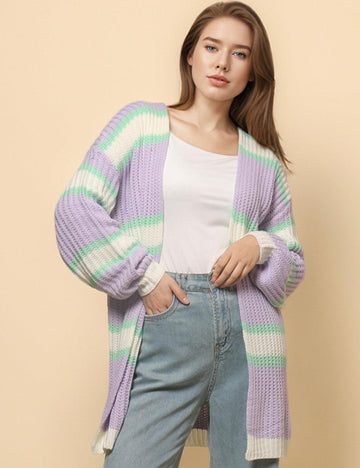 Ladies Macarons Color Stripe Open Front Cardigan SKT4774