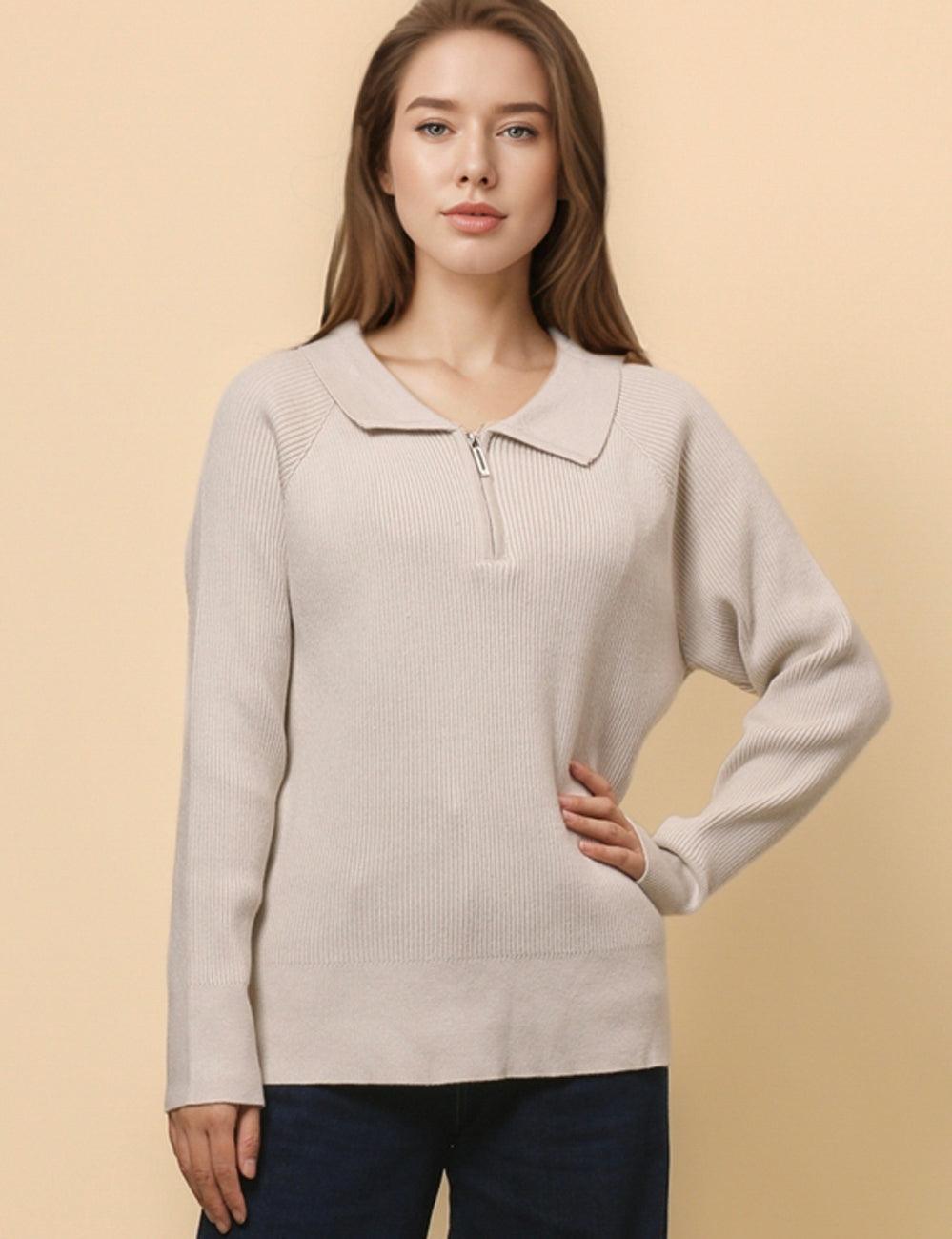 Ladies Solid Color Turndown Collar Rib Pullover Sweater SKT4793