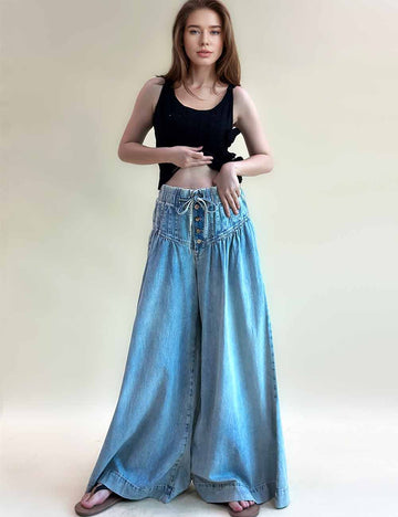 Ladies Mid Waist Drawstring Wide Leg Jeans SKP622