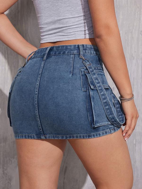 Ladies Low-Rise Flip Pocket Denim Mini Skirt DSKIRT231122l