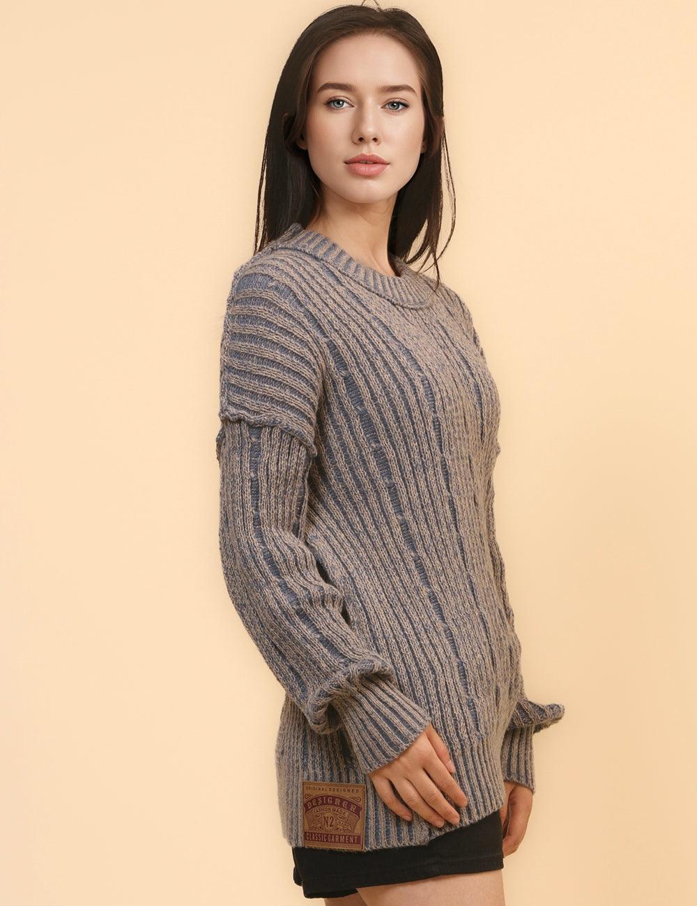 Ladies Distressed Striped Color Block Sweater SKT4661