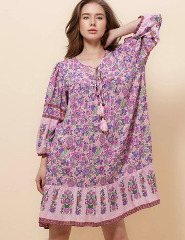 Ladies V-Neck Midi Sleeves Floral Print Mini Dress SKD51093