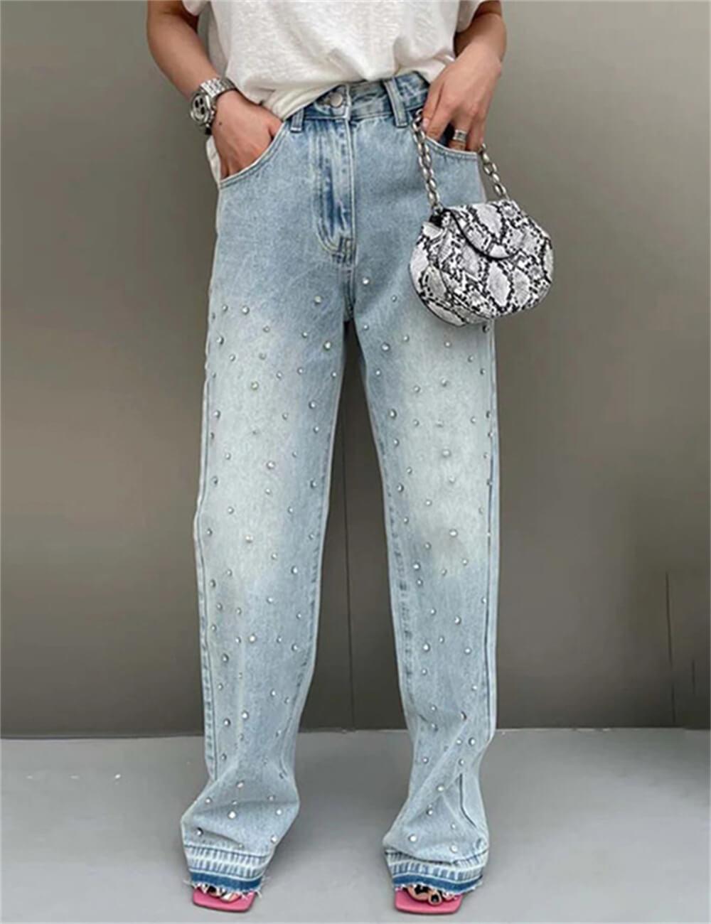 Ladies High Rise Rhinestone Wide Leg Jeans SXP640278