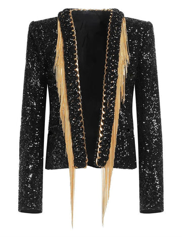 Ladies Long Sleeves Tassel Sequin Chain Jacket L118