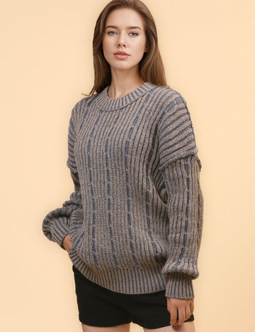 Ladies Distressed Striped Color Block Sweater SKT4661