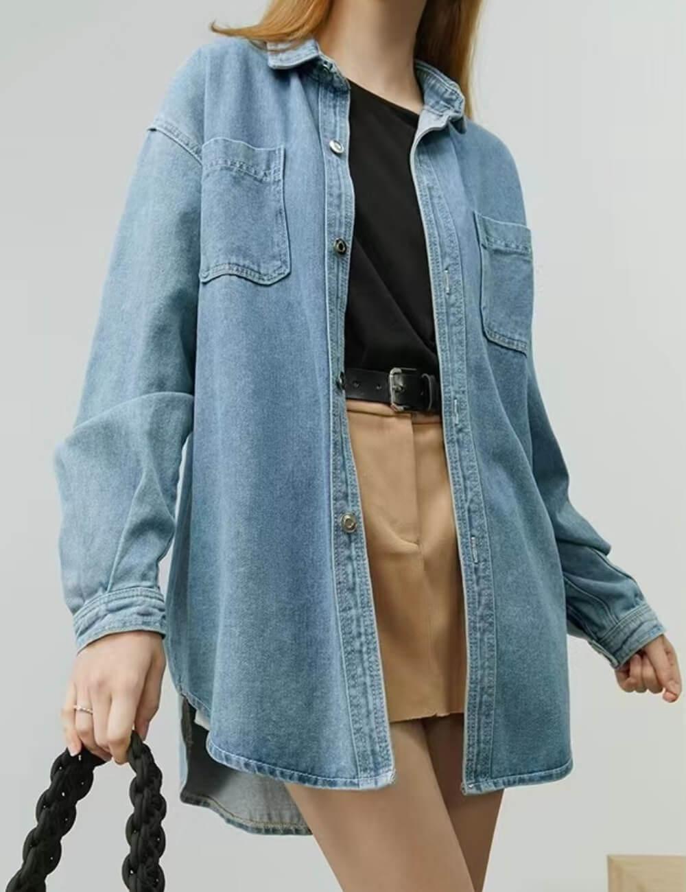 Ladies Button Front Lapel Neck Denim Shirt 3039