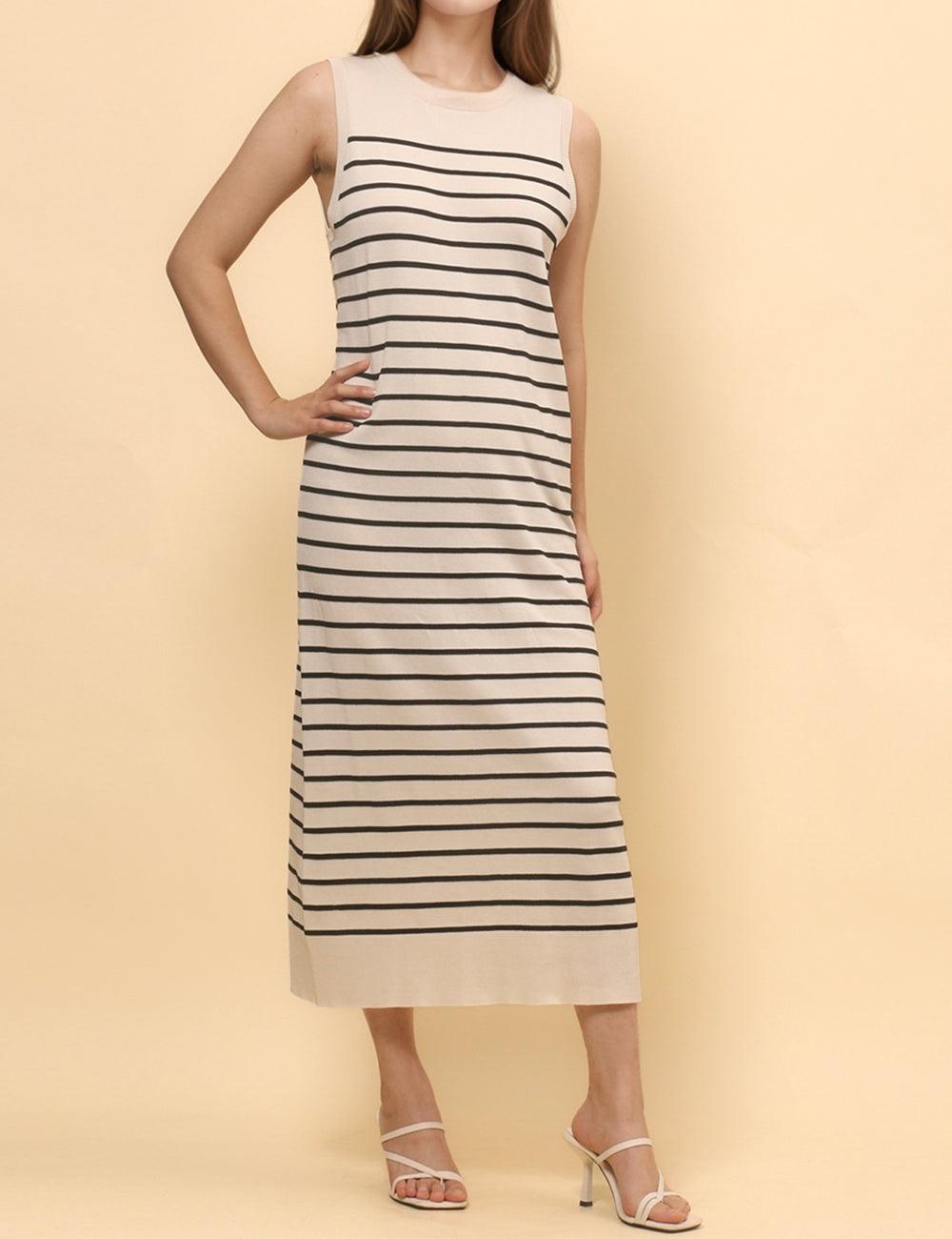 Ladies Color Block Stripe Sleeveless Knit Midi Dress SKD4851