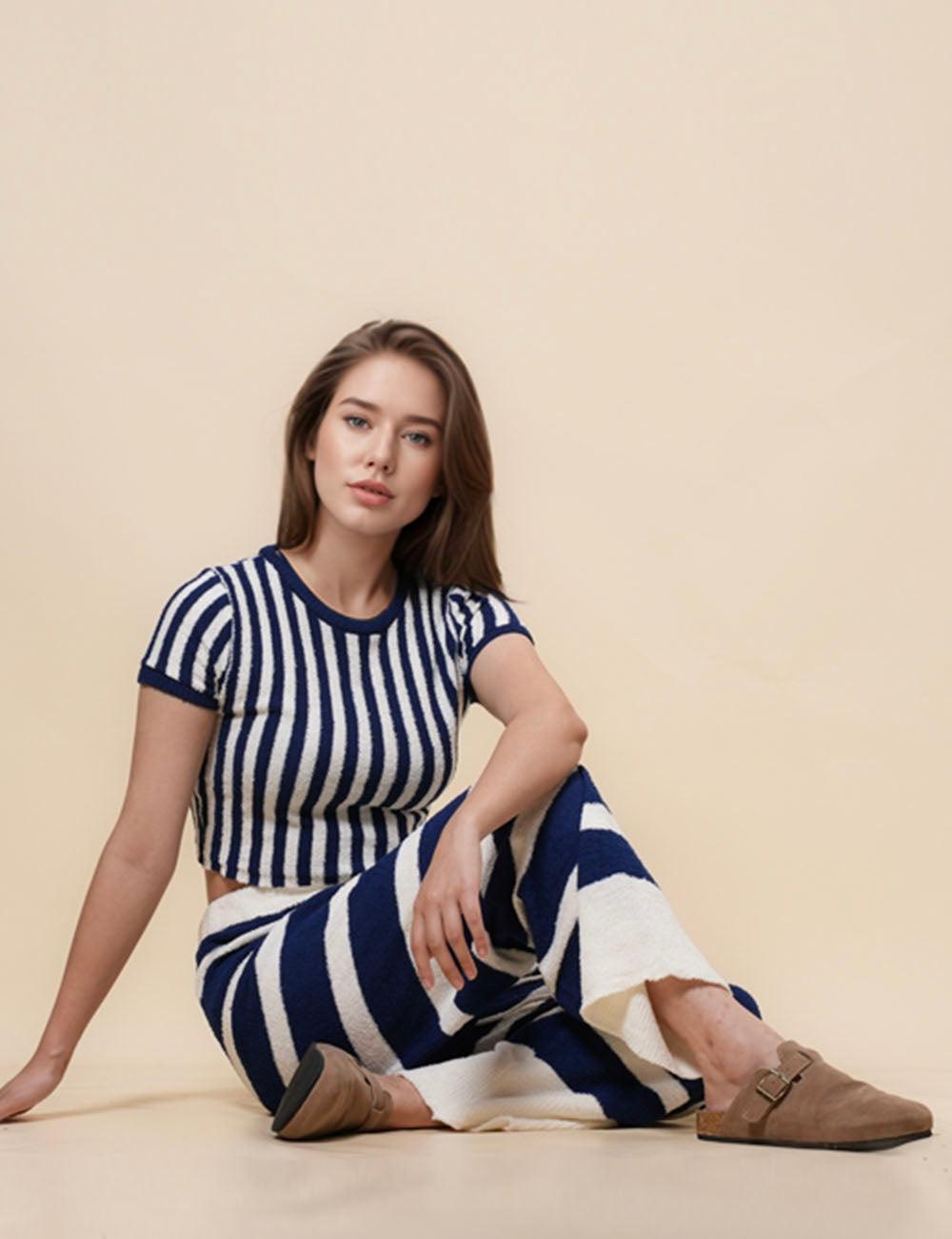 Ladies Striped Crop Top and Pants Sets SKST476