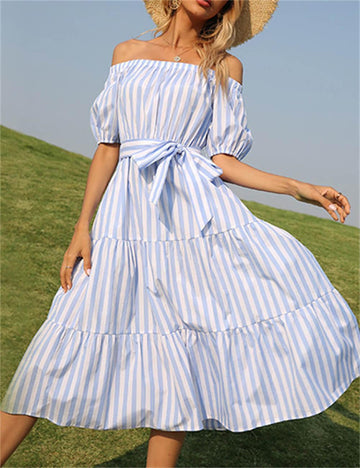 Ladies Stripe Off Shoulder Ruffle Midi Dress S214