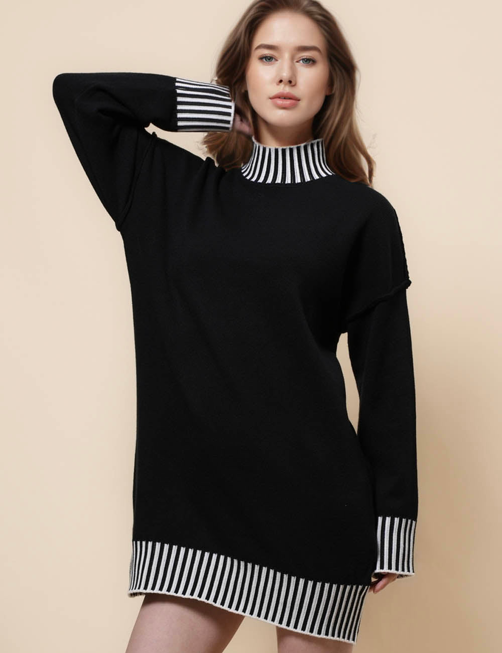 Ladies Mock Neck Color Block Sweater Dress SKD41233