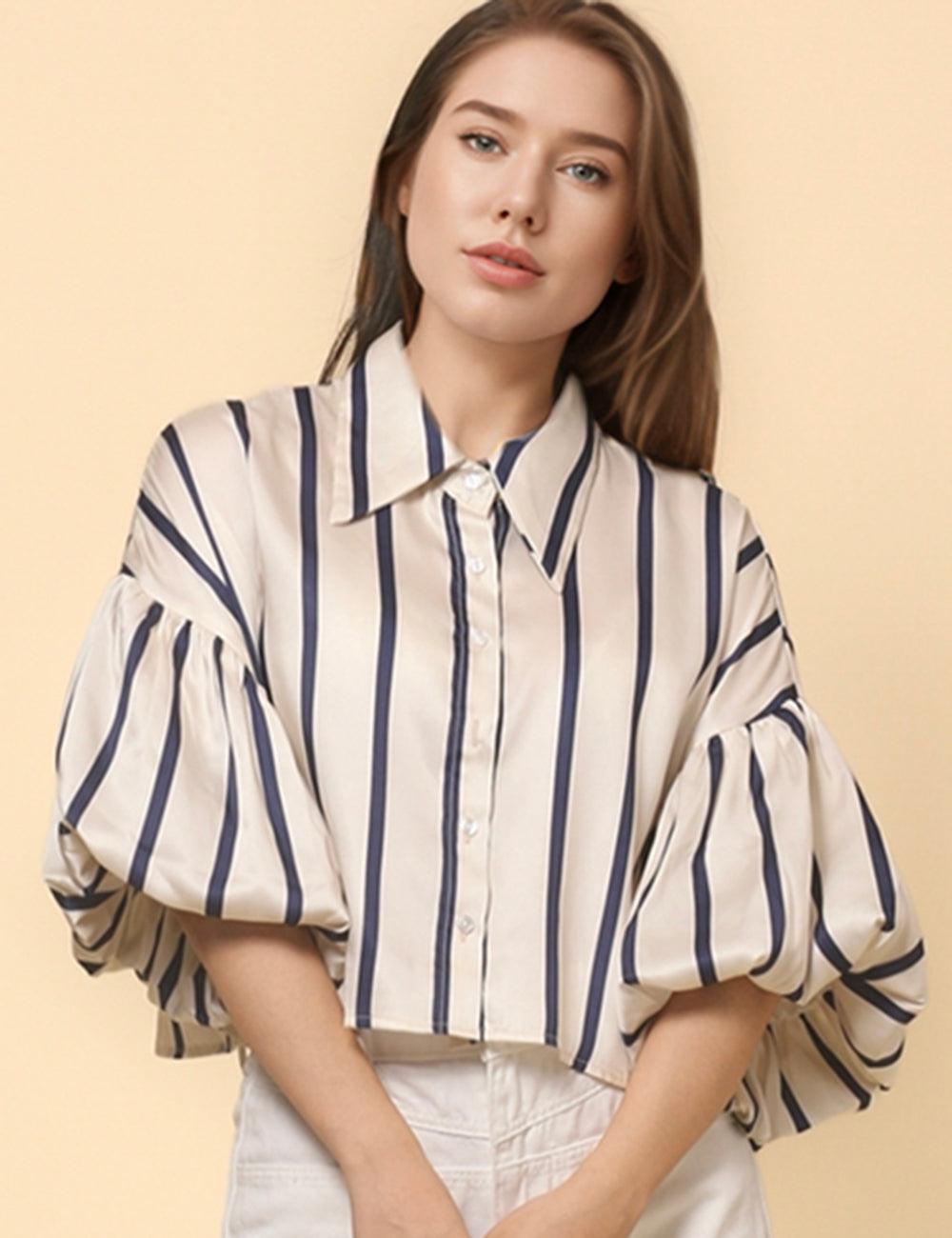 Ladies Lantern Sleeve Striped Short Shirt SKT4815