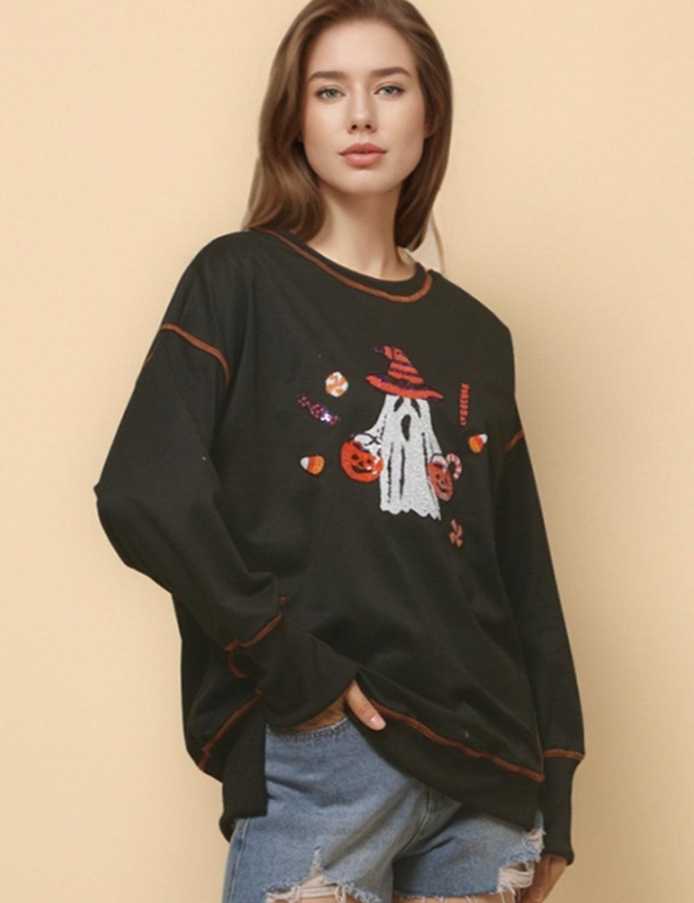 Ladies Halloween Sequin Ghost Casual Pullover Sweatshirt SKT4780