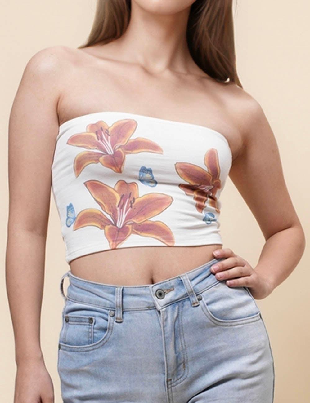 Ladies Flower Print Bandeau Cotton Top SKT4984