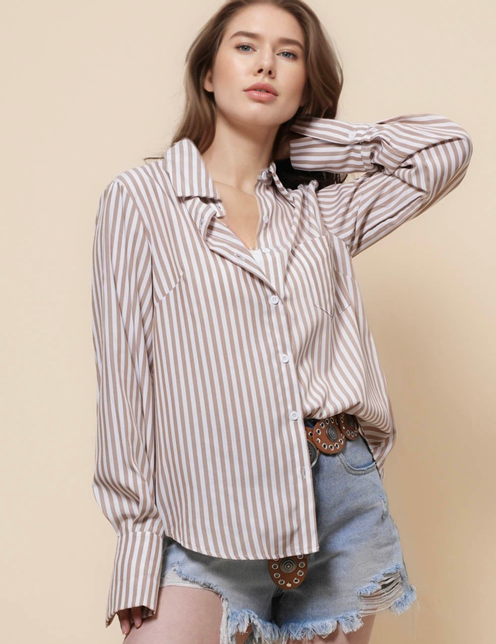 Ladies Stripe Turndowan Collar Shirt Top SKT41242