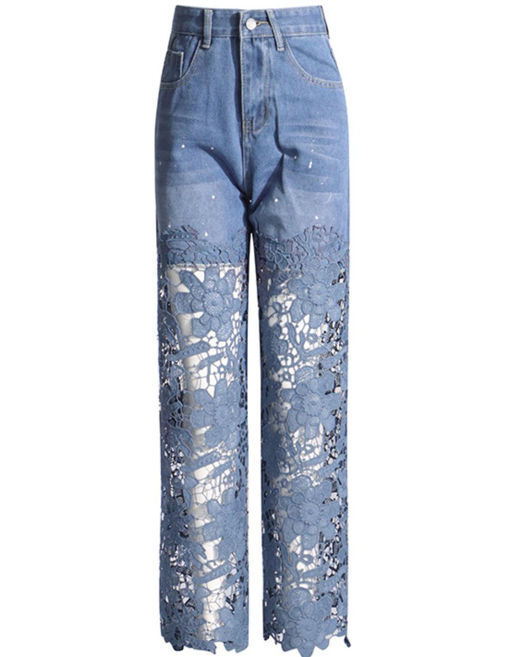 Ladies High Waist Lace Hollow Out Jeans SXP6433