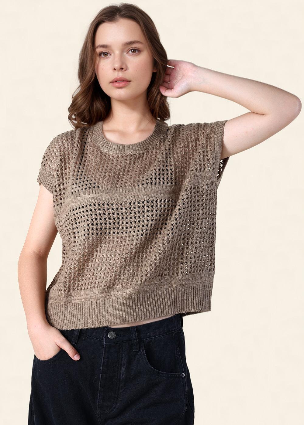 Ladies Solid Color Crochet Knit Top SKT0795