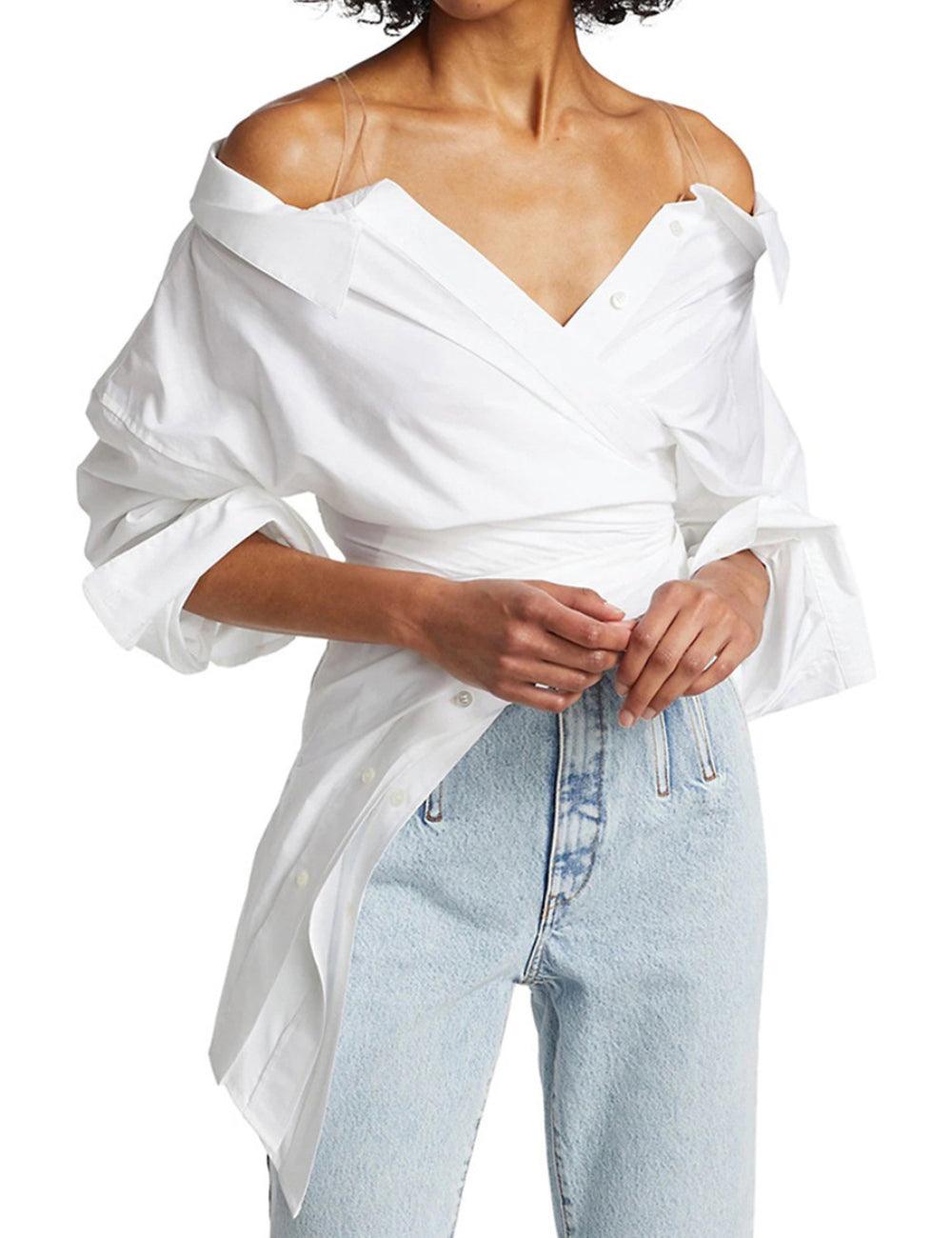 Ladies Off Shoulder Irregular Long Sleeves Shirt SKT637501