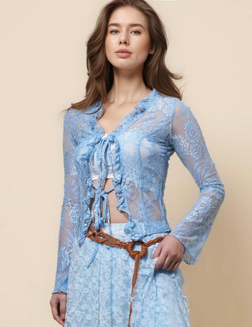 Floral Lace See Sheer String Tie Blouse Top SKT41216