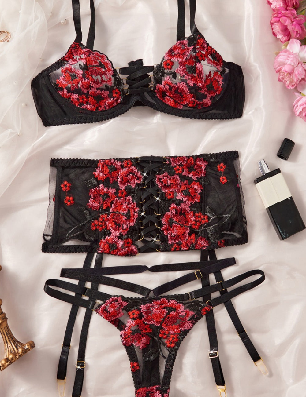 Ladies Floral Color Block Embroidery 3PCS Lingerie Set SKLG4120