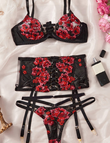 Ladies Floral Color Block Embroidery 3PCS Lingerie Set SKLG4120