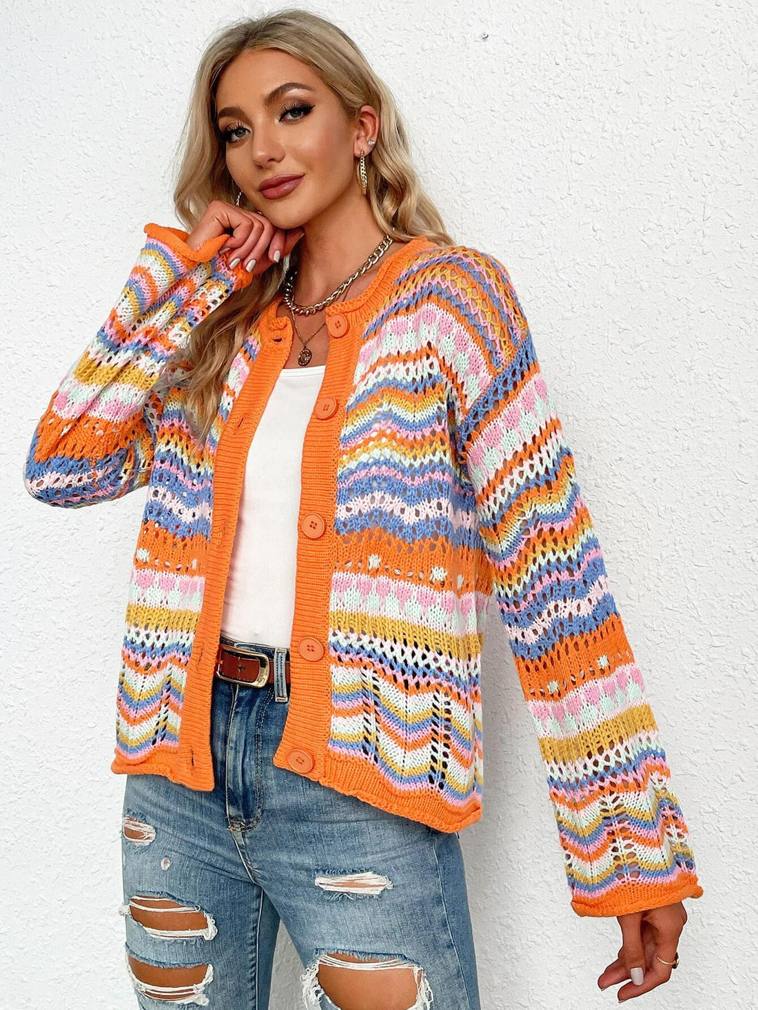 Ladies Hollow Out Button Down Knit Cardigan E2190