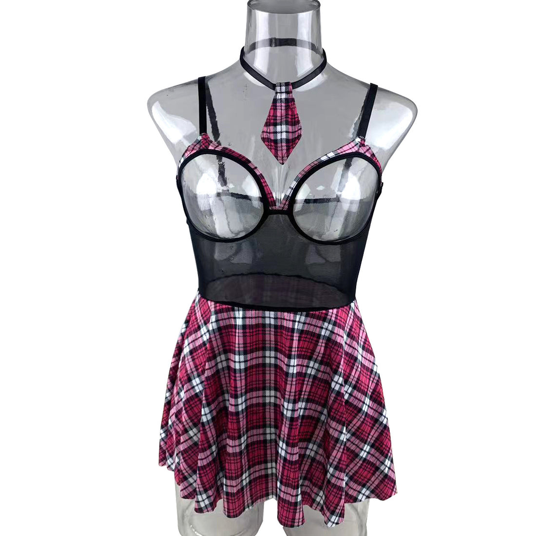 Ladies Spicy Plaid Print 4PCS Costume Chemise Set SKLG4055