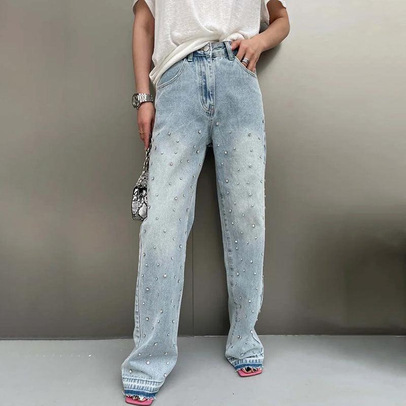 Ladies High Rise Rhinestone Wide Leg Jeans SXP640278