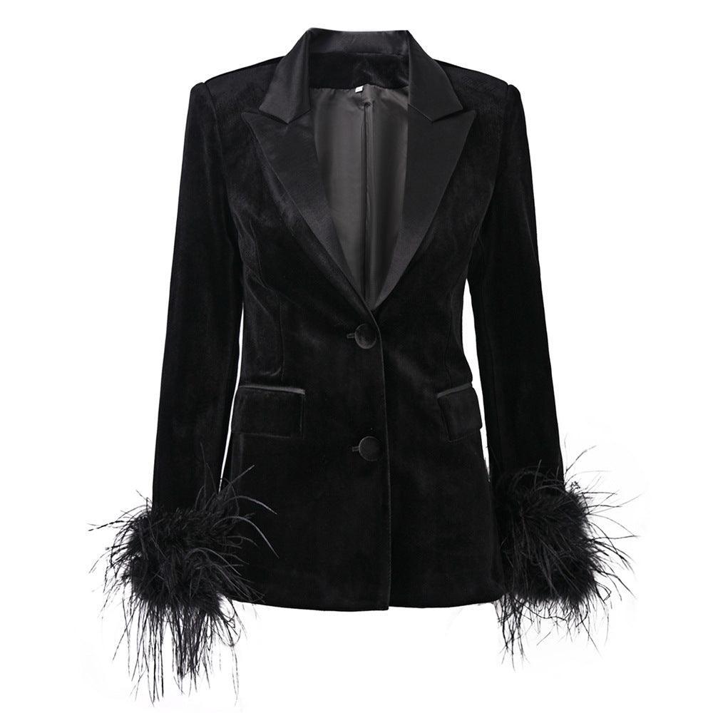 Ladies Feathers Velvet Peak Lapel Neck Blazer 91501