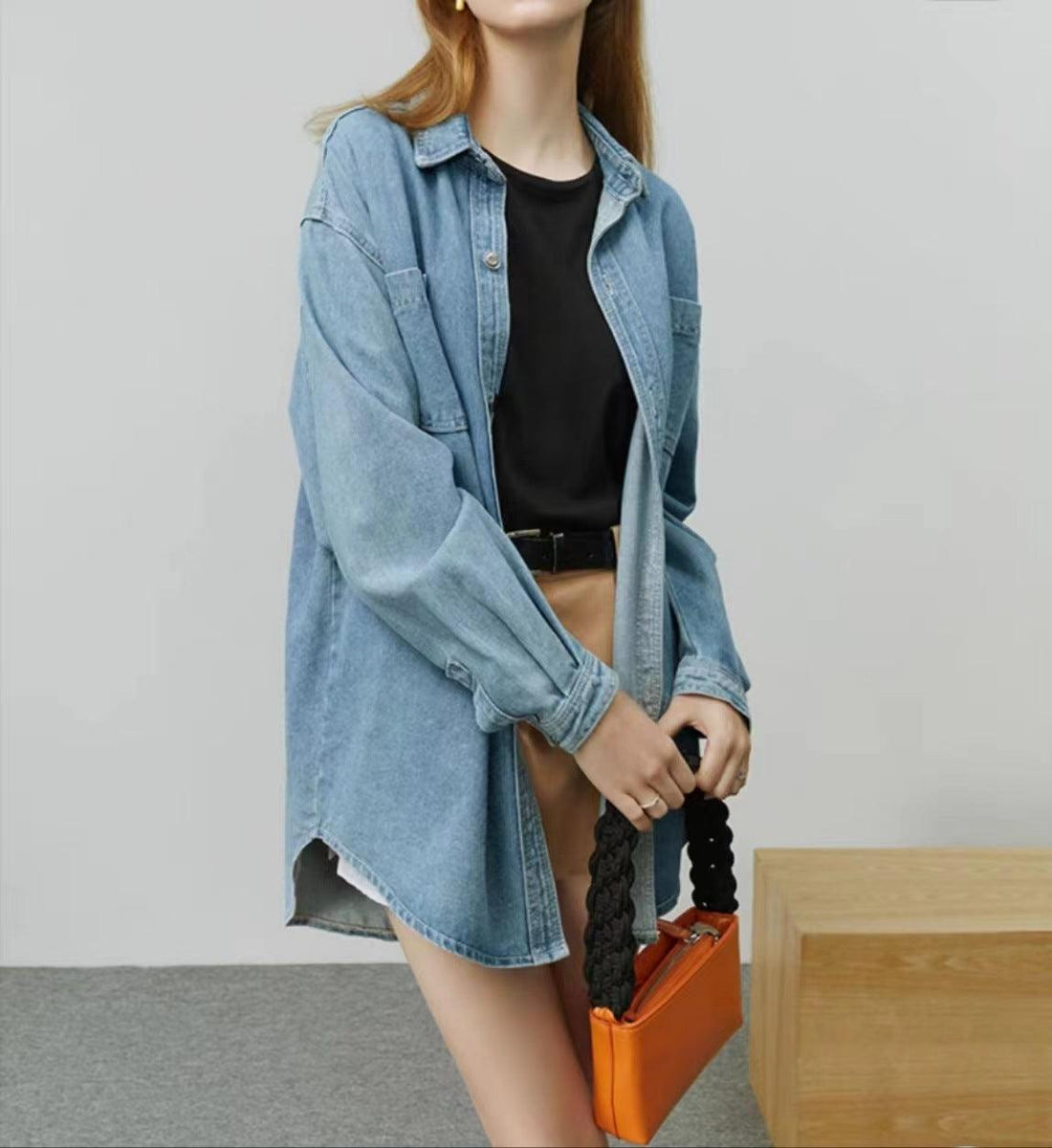 Ladies Button Front Lapel Neck Denim Shirt 3039