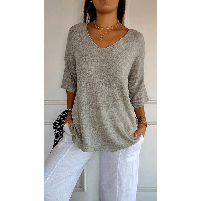 Ladies Solid Color V Neck Plain Knit Top 901