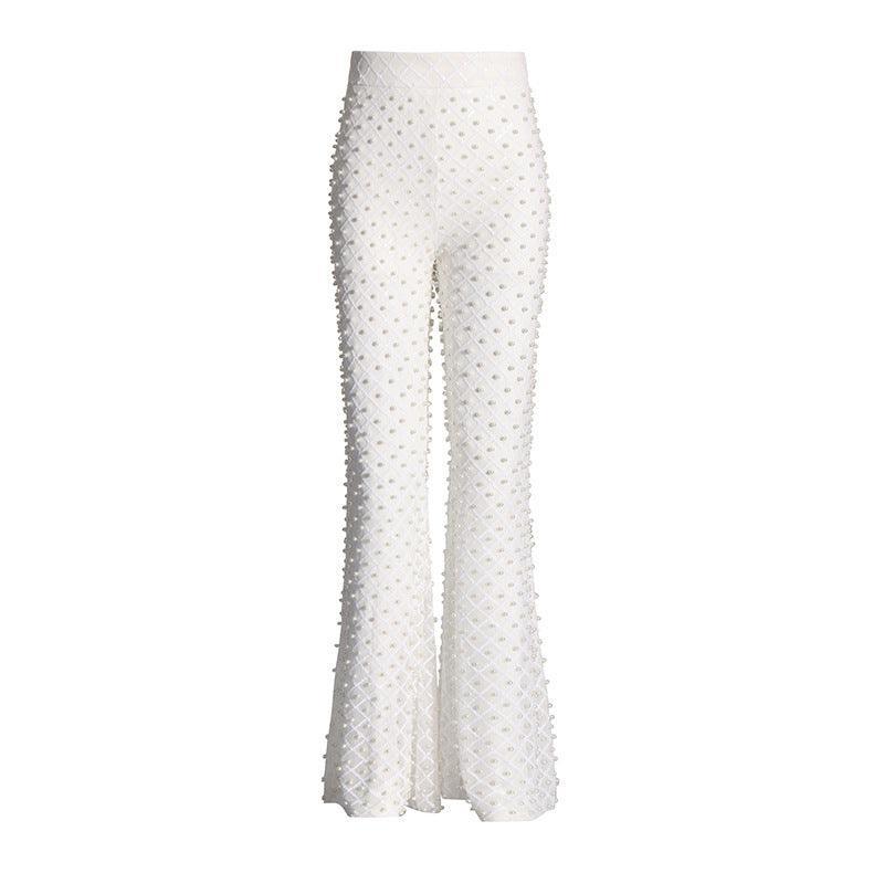 Ladies Elegant Pearl Stud See Sheer Flare Pants SXP500717