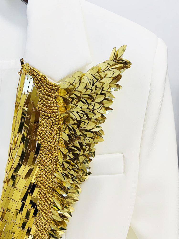 Ladies Metallic Feather Beaded Lapel Blazer L104