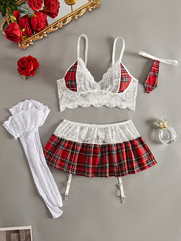 Ladies Plaid Color Block Sext Lingerie Set SKLG4145