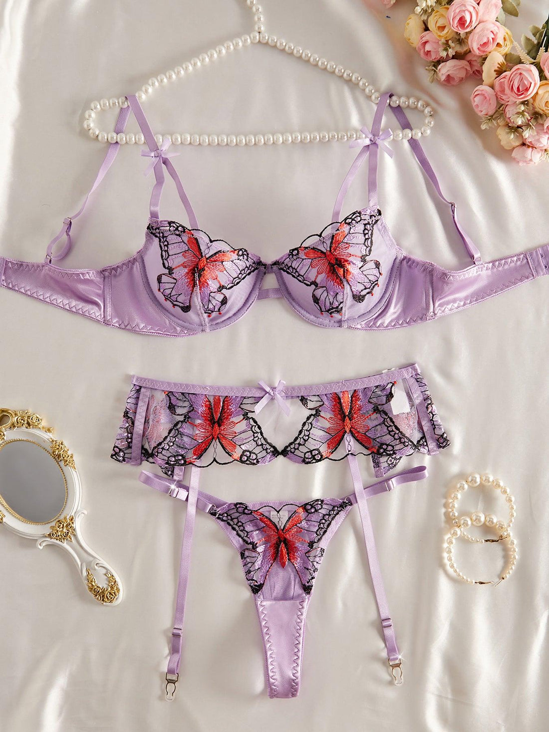 Ladies Embroidery Butterfly Bra Thong 3PCS Lingerie Set SKLG4016