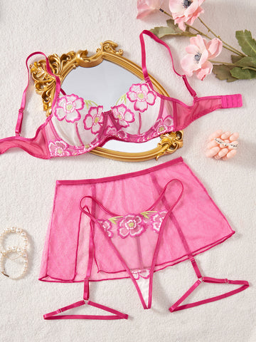 Ladies Floral Embroidery 3PCS Lingerie Set SKLG4152