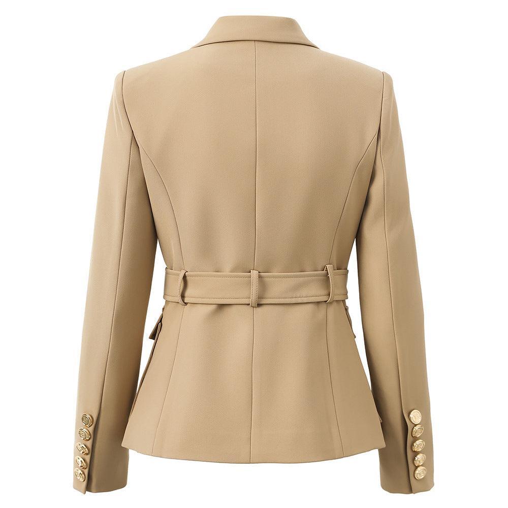 Ladies Solid Color Double Breasted Belted Blazer 2802