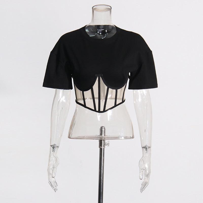 Ladies Splice Guazy Corset Waist Crop Top Tee SXT508840