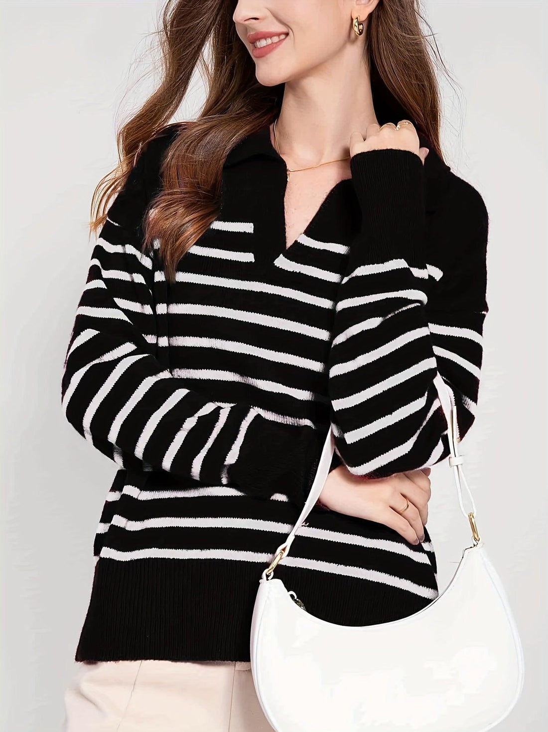 Ladies Stripe Lapel Neck Knit Sweater 3271