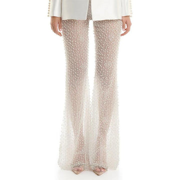 Ladies Elegant Pearl Stud See Sheer Flare Pants SXP500717